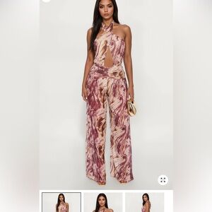 Fashion Nova Maroon and Cream Halter Jumpsuit